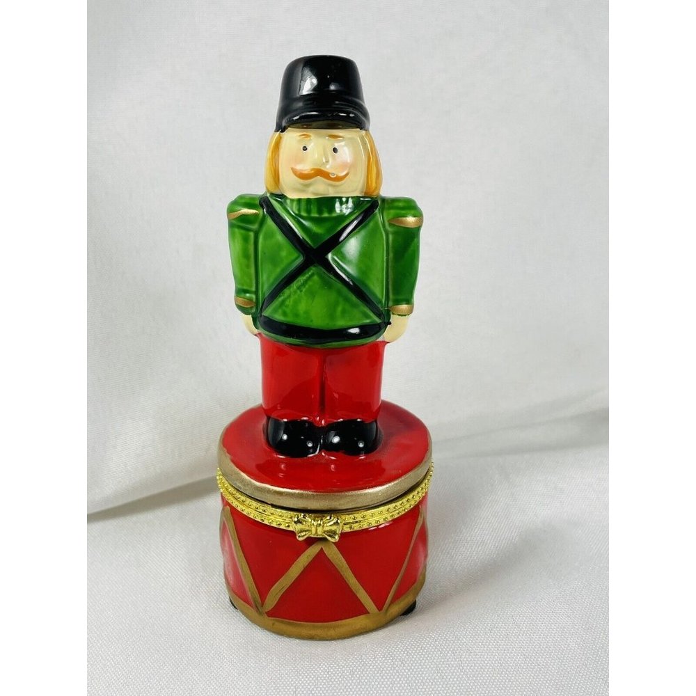 Christmas Porcelain Limoge Box Toy Soldier Red Drum Hinged Trinket Box 4 1/2"